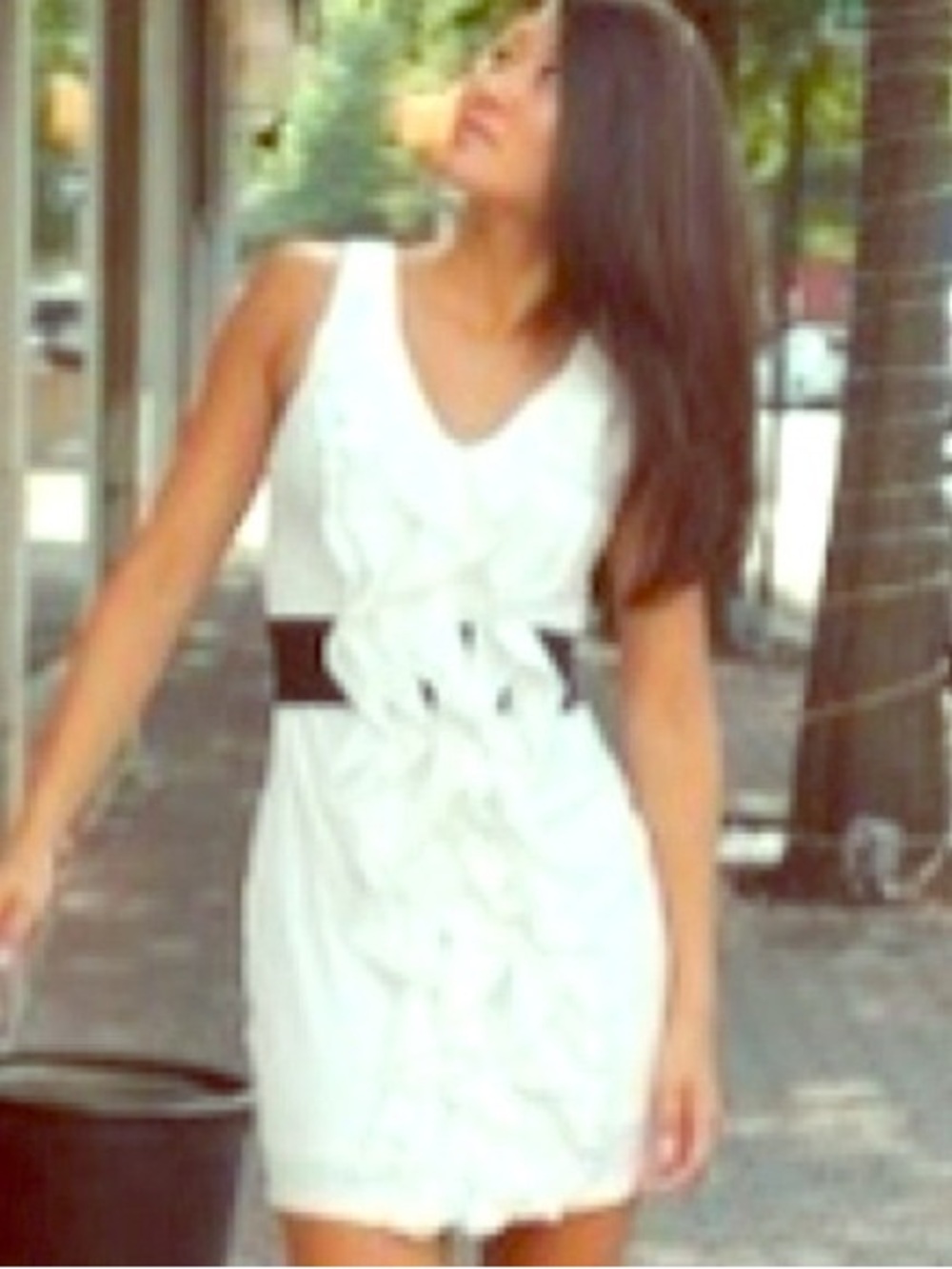 Sleeveless White Mini Dress with Black Waistband
